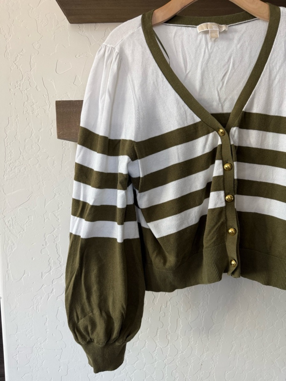 Michael Kors|Women’s olive & white nautica Striped Button-Up Cardigan,oversized•